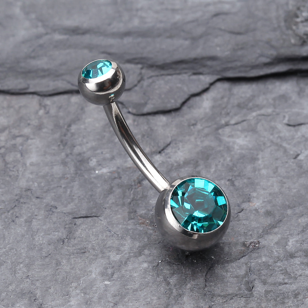 Detail View 2 of Double Gem Ball Steel Belly Button Ring-Teal