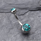 Detail View 2 of Double Gem Ball Steel Belly Button Ring-Teal
