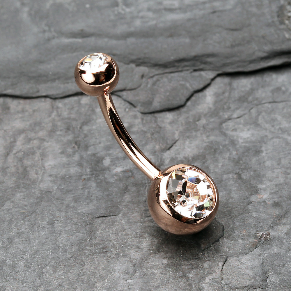 Detail View 2 of Rose Gold Double Gem Ball Steel Belly Button Ring-Clear Gem