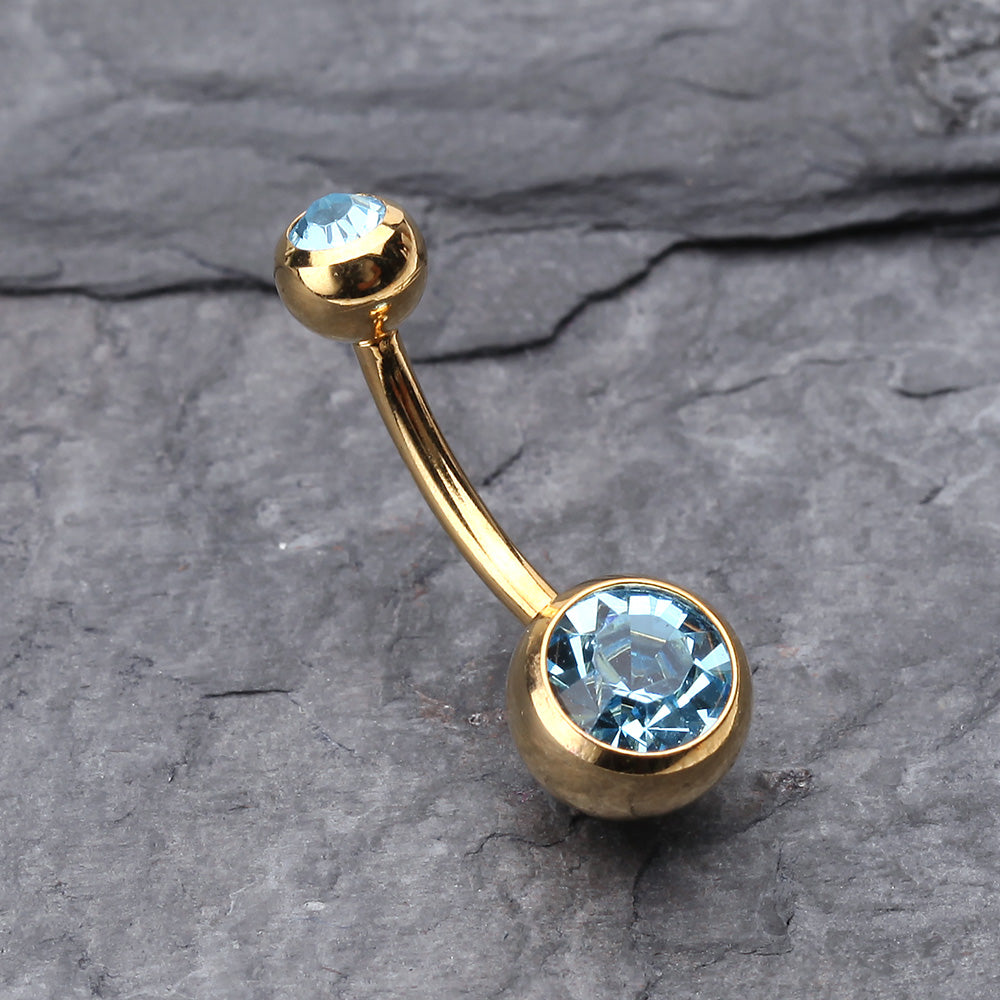 Detail View 2 of Gold PVD Double Gem Ball Steel Belly Button Ring-Aqua
