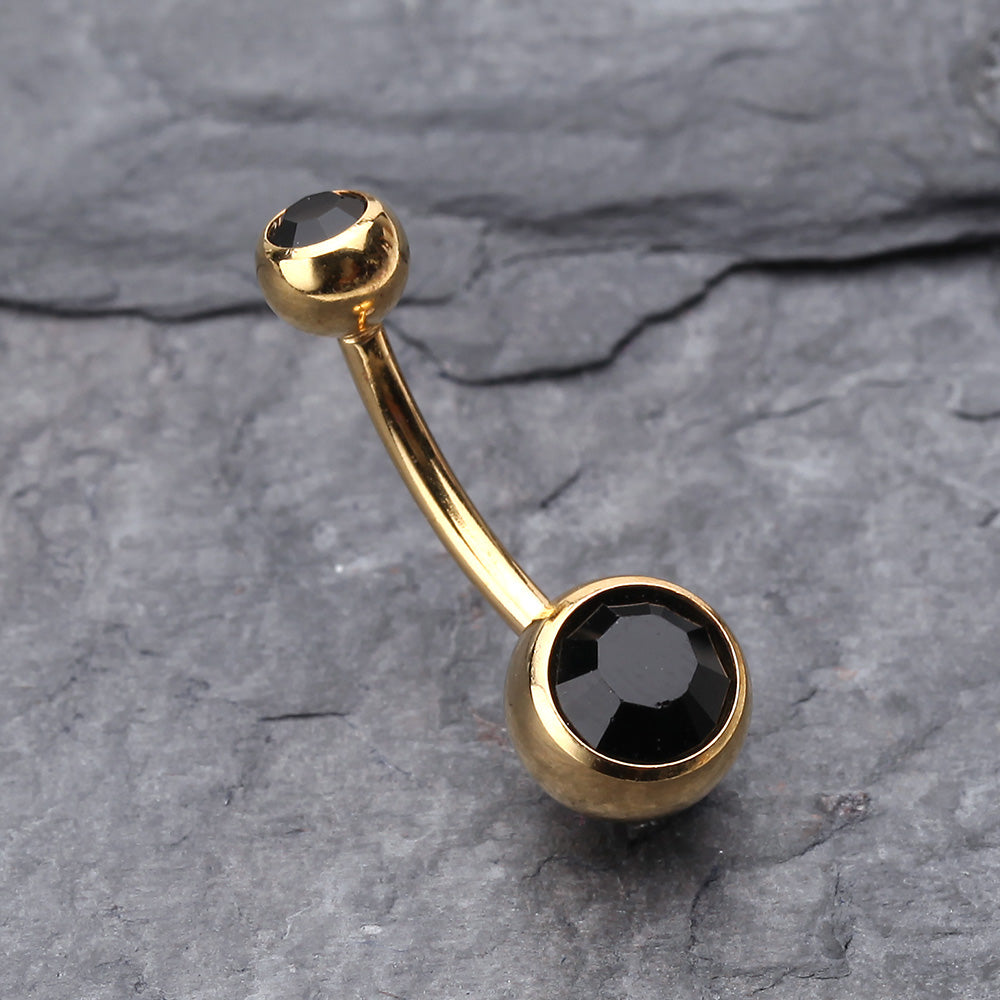 Detail View 2 of Gold PVD Double Gem Ball Steel Belly Button Ring-Black