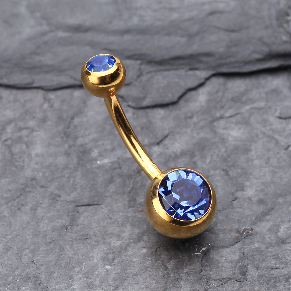 Detail View 2 of Gold PVD Double Gem Ball Steel Belly Button Ring-Blue
