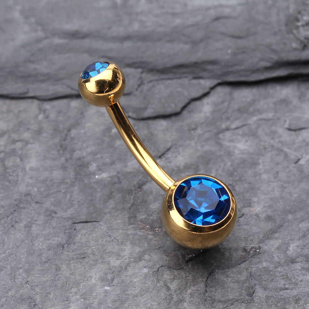Detail View 2 of Gold PVD Double Gem Ball Steel Belly Button Ring-Capri Blue