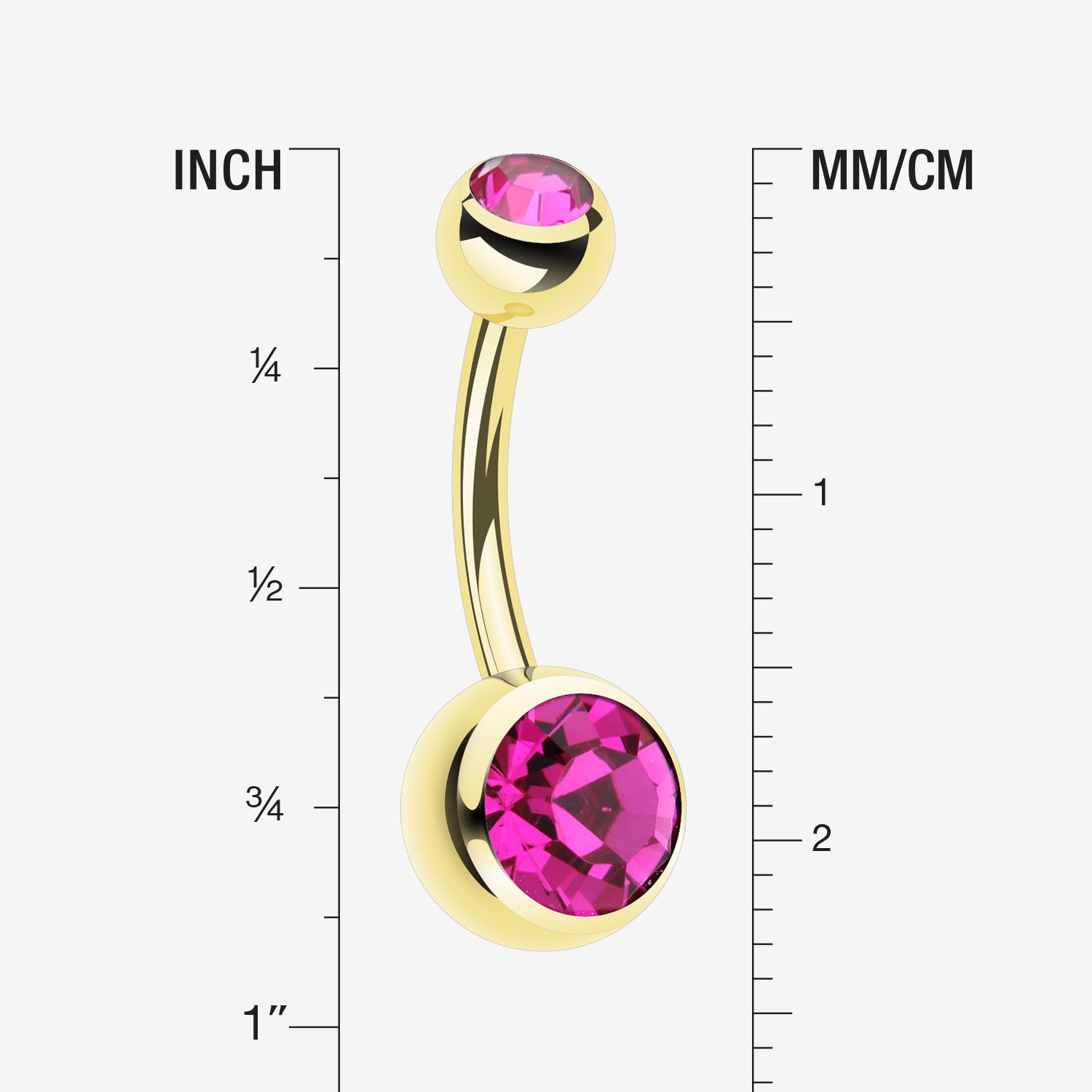 Detail View 1 of Gold PVD Double Gem Ball Steel Belly Button Ring-Fuchsia