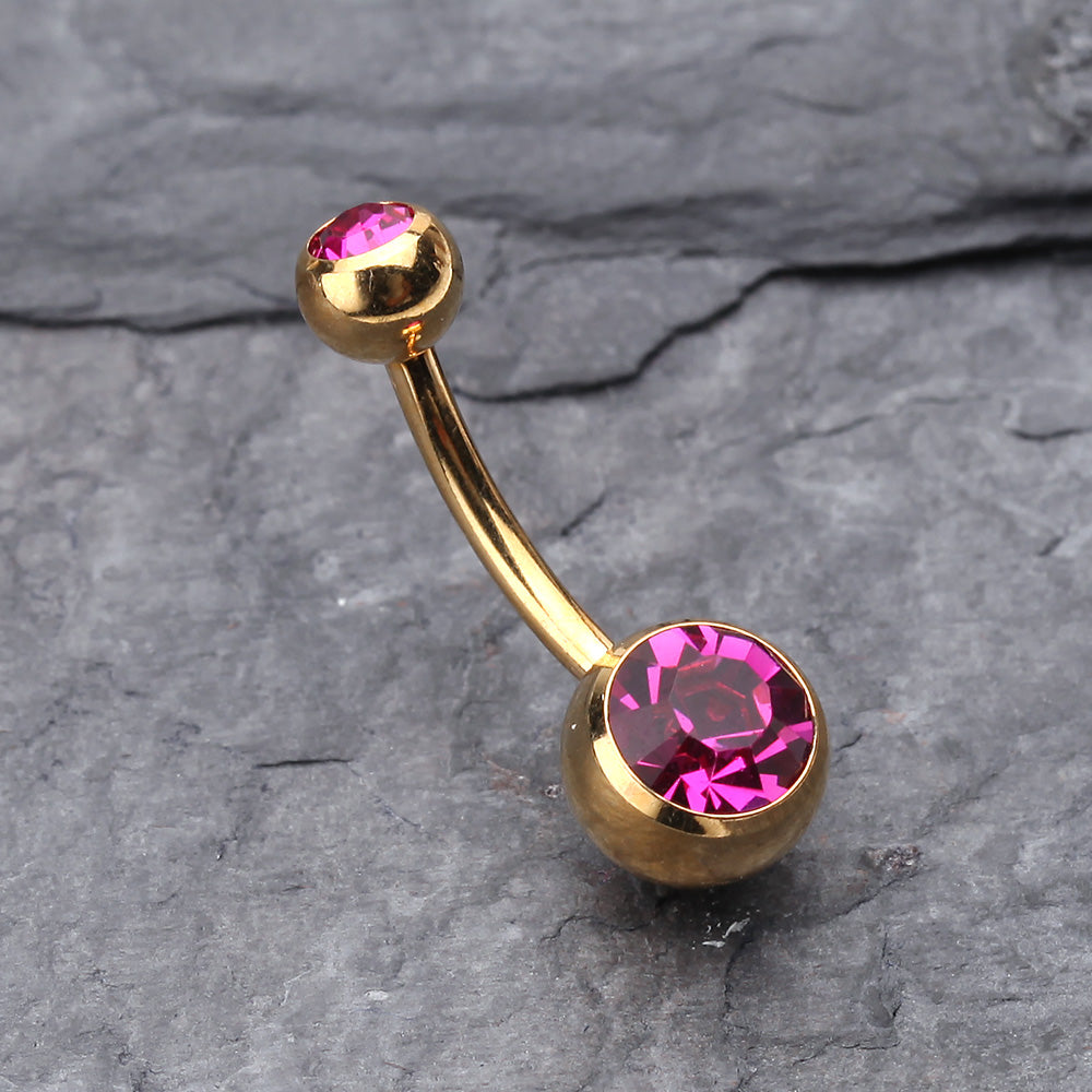 Detail View 2 of Gold PVD Double Gem Ball Steel Belly Button Ring-Fuchsia