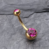 Detail View 2 of Gold PVD Double Gem Ball Steel Belly Button Ring-Fuchsia