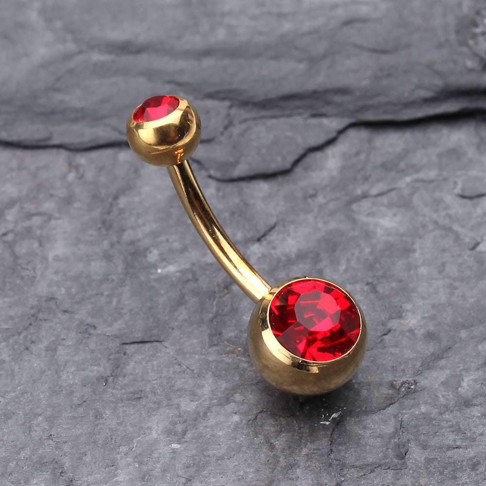 Detail View 2 of Gold PVD Double Gem Ball Steel Belly Button Ring-Red