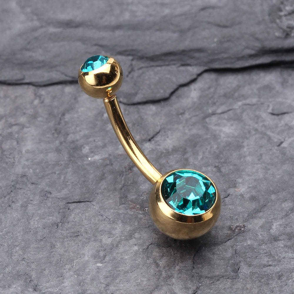 Detail View 2 of Gold PVD Double Gem Ball Steel Belly Button Ring-Teal