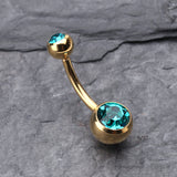 Detail View 2 of Gold PVD Double Gem Ball Steel Belly Button Ring-Teal