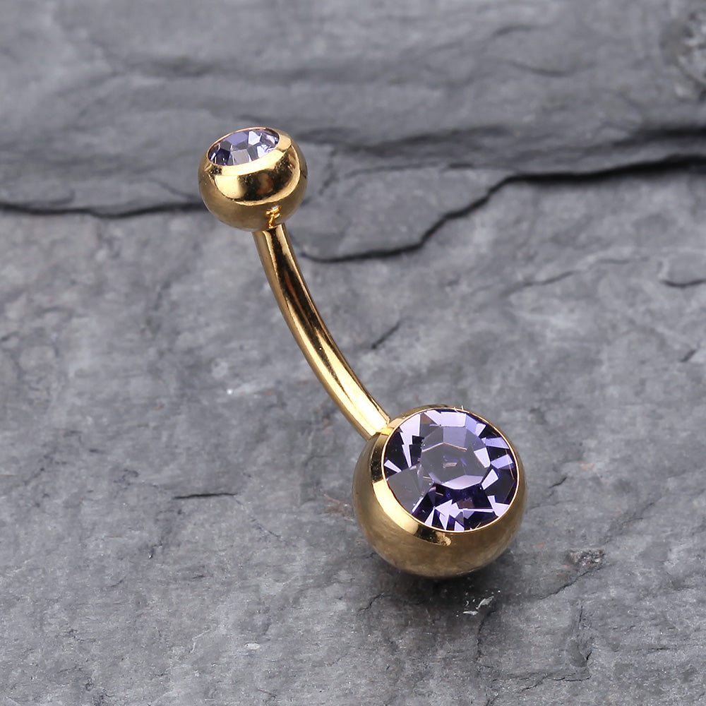 Detail View 2 of Gold PVD Double Gem Ball Steel Belly Button Ring-Tanzanite