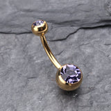 Detail View 2 of Gold PVD Double Gem Ball Steel Belly Button Ring-Tanzanite