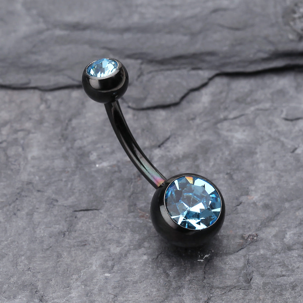 Detail View 2 of Colorline Double Gem Ball Steel Belly Button Ring-Black/Aqua