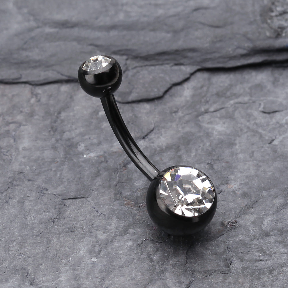 Detail View 2 of Colorline Double Gem Ball Steel Belly Button Ring-Black/Clear