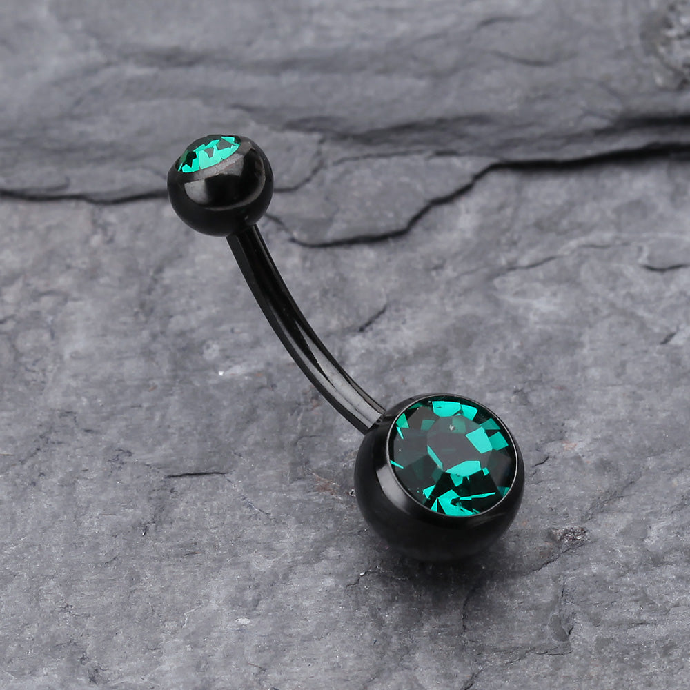 Detail View 2 of Colorline Double Gem Ball Steel Belly Button Ring-Black/Dark Green