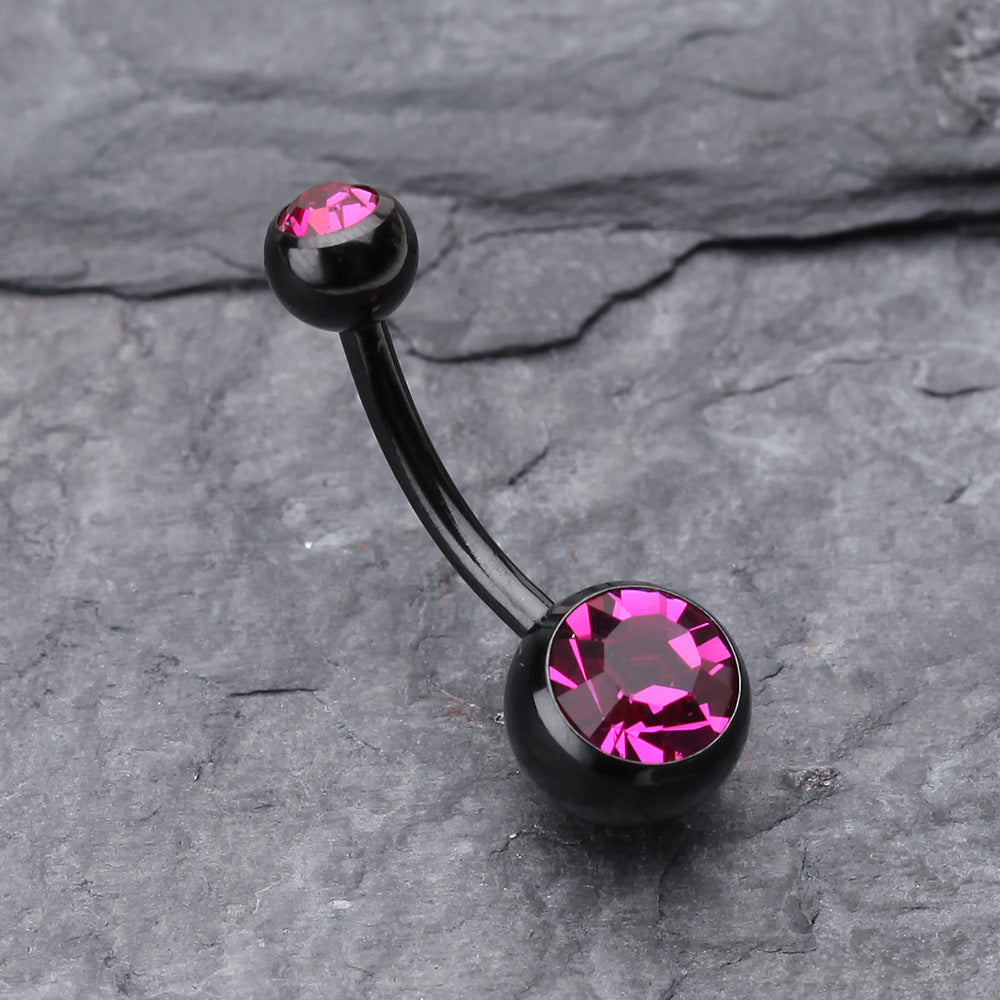 Detail View 2 of Colorline Double Gem Ball Steel Belly Button Ring-Black/Fuchsia