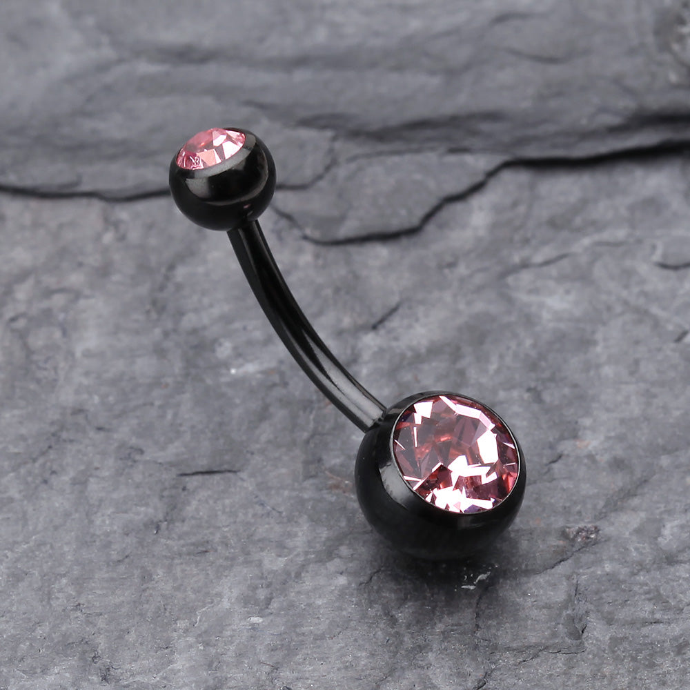 Detail View 2 of Colorline Double Gem Ball Steel Belly Button Ring-Black/Light Pink