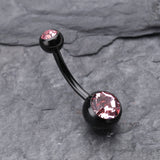 Detail View 2 of Colorline Double Gem Ball Steel Belly Button Ring-Black/Light Pink