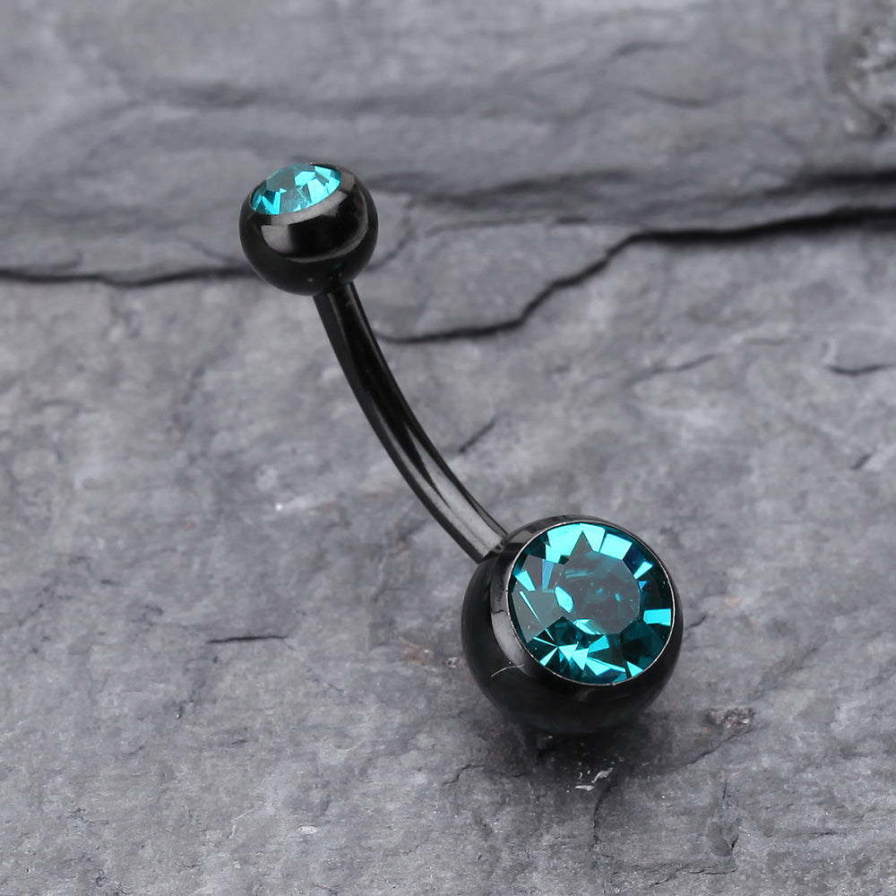 Detail View 2 of Colorline Double Gem Ball Steel Belly Button Ring-Black/Teal