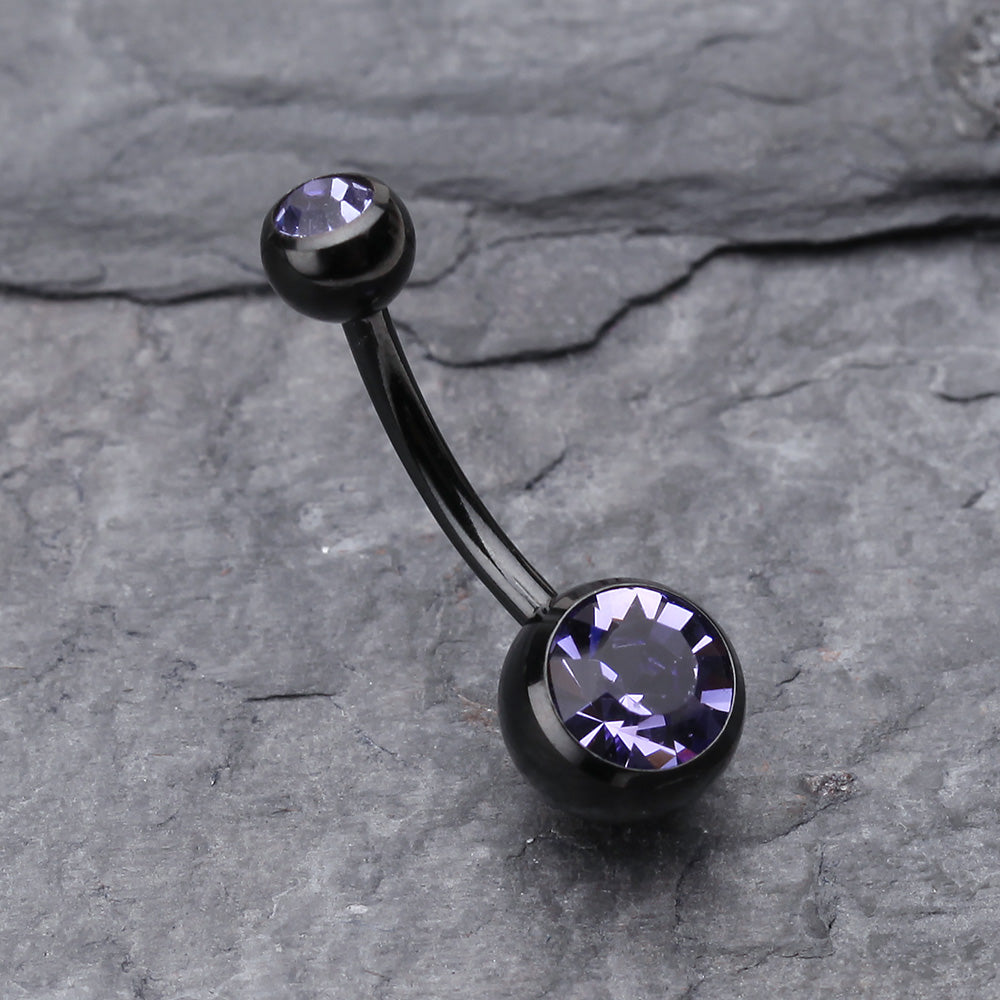 Detail View 2 of Colorline Double Gem Ball Steel Belly Button Ring-Black/Tanzanite