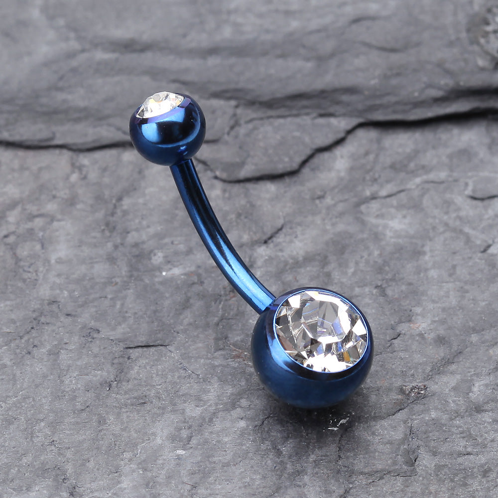 Detail View 2 of Colorline Double Gem Ball Steel Belly Button Ring-Blue/Clear