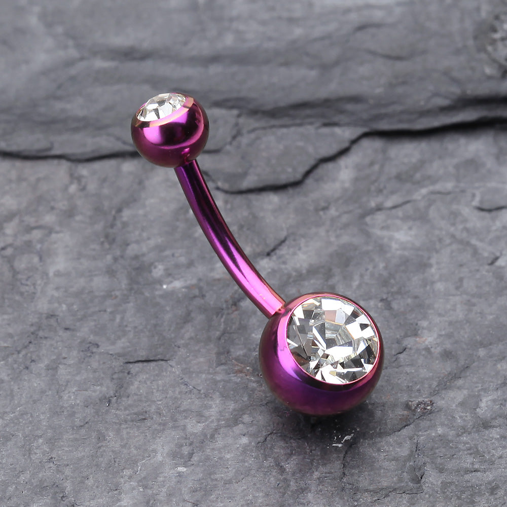 Detail View 2 of Colorline Double Gem Ball Steel Belly Button Ring-Purple/Clear