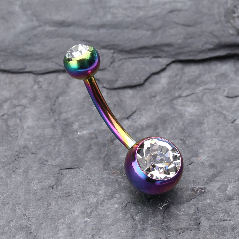Detail View 2 of Colorline Double Gem Ball Steel Belly Button Ring-Rainbow/Clear