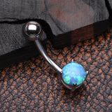 Detail View 2 of Fire Opal Prong Set Basic Steel Belly Button Ring-Blue Opal