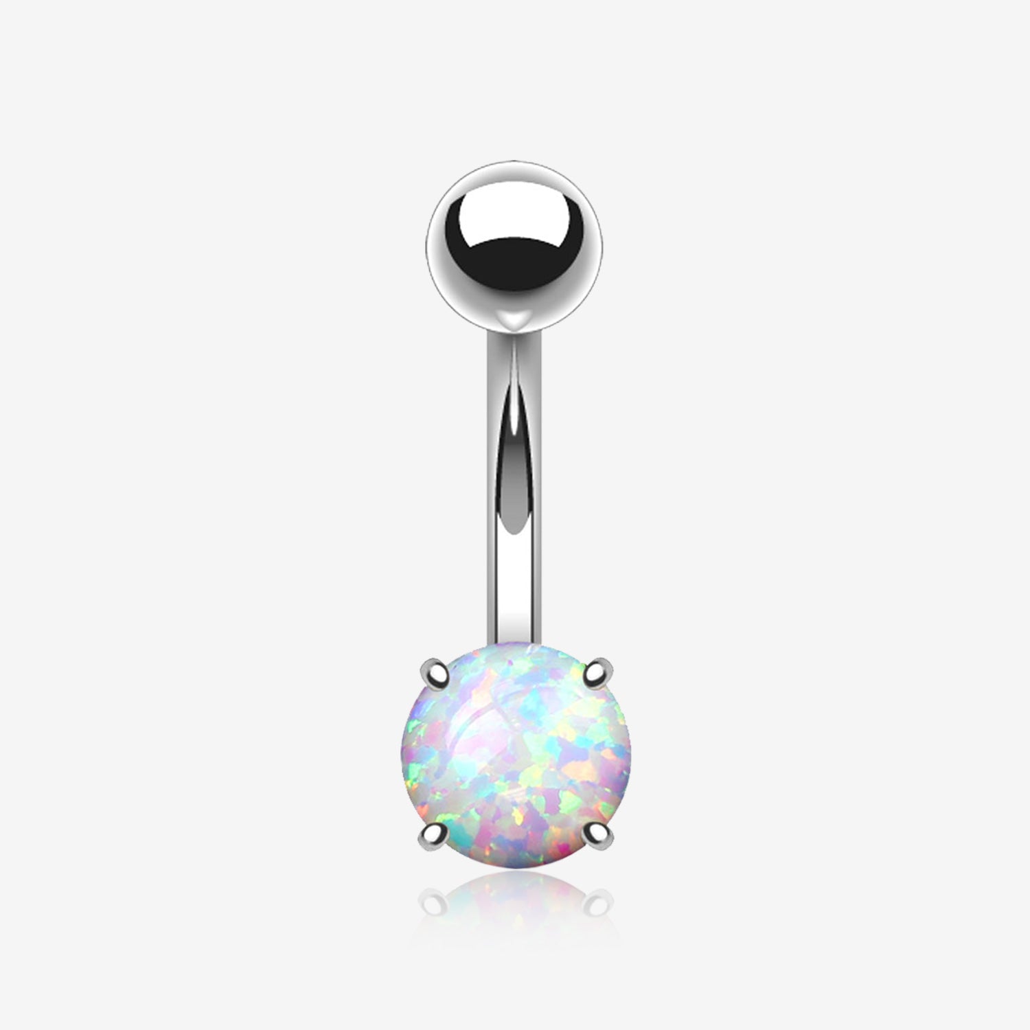 Fire Opal Prong Set Basic Steel Belly Button Ring-White Opal