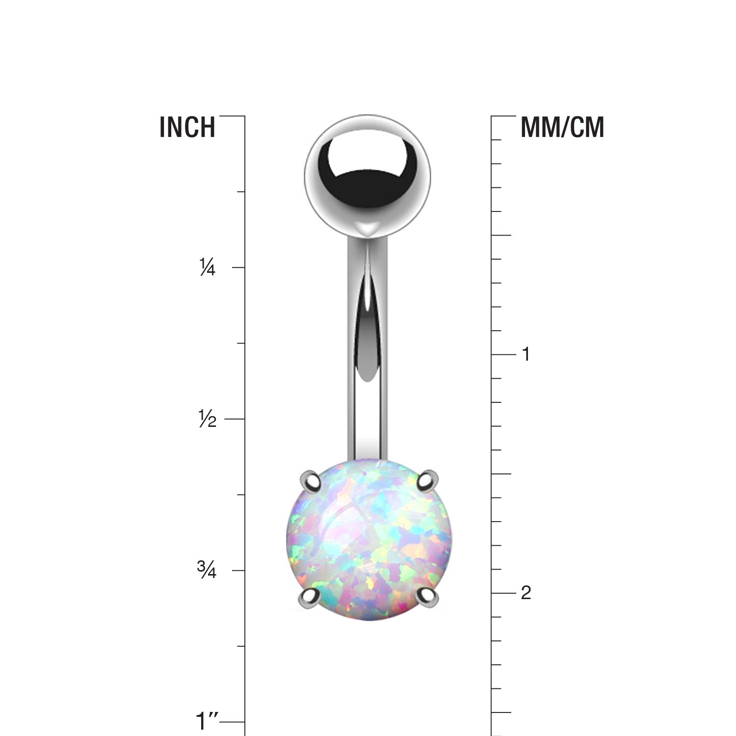 Detail View 1 of Fire Opal Prong Set Basic Steel Belly Button Ring-White Opal