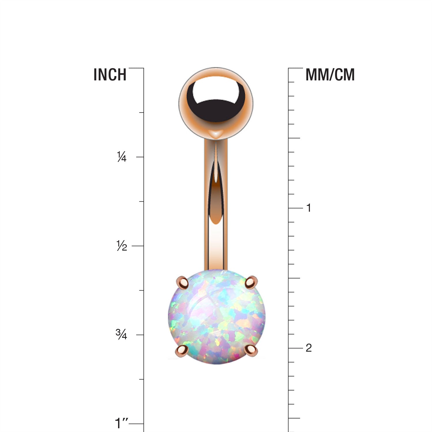 Detail View 1 of Rose Gold Fire Opal Prong Set Basic Belly Button Ring-White Opal