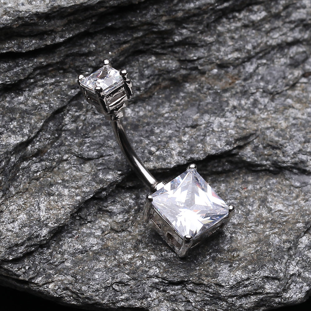 Detail View 2 of Classic Square Prong Set Gem Belly Button Ring-Clear Gem