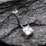 Detail View 2 of Classic Square Prong Set Gem Belly Button Ring-Clear Gem