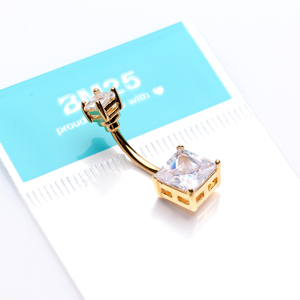 Detail View 3 of Golden Classic Square Prong Set Gem Belly Button Ring-Clear Gem
