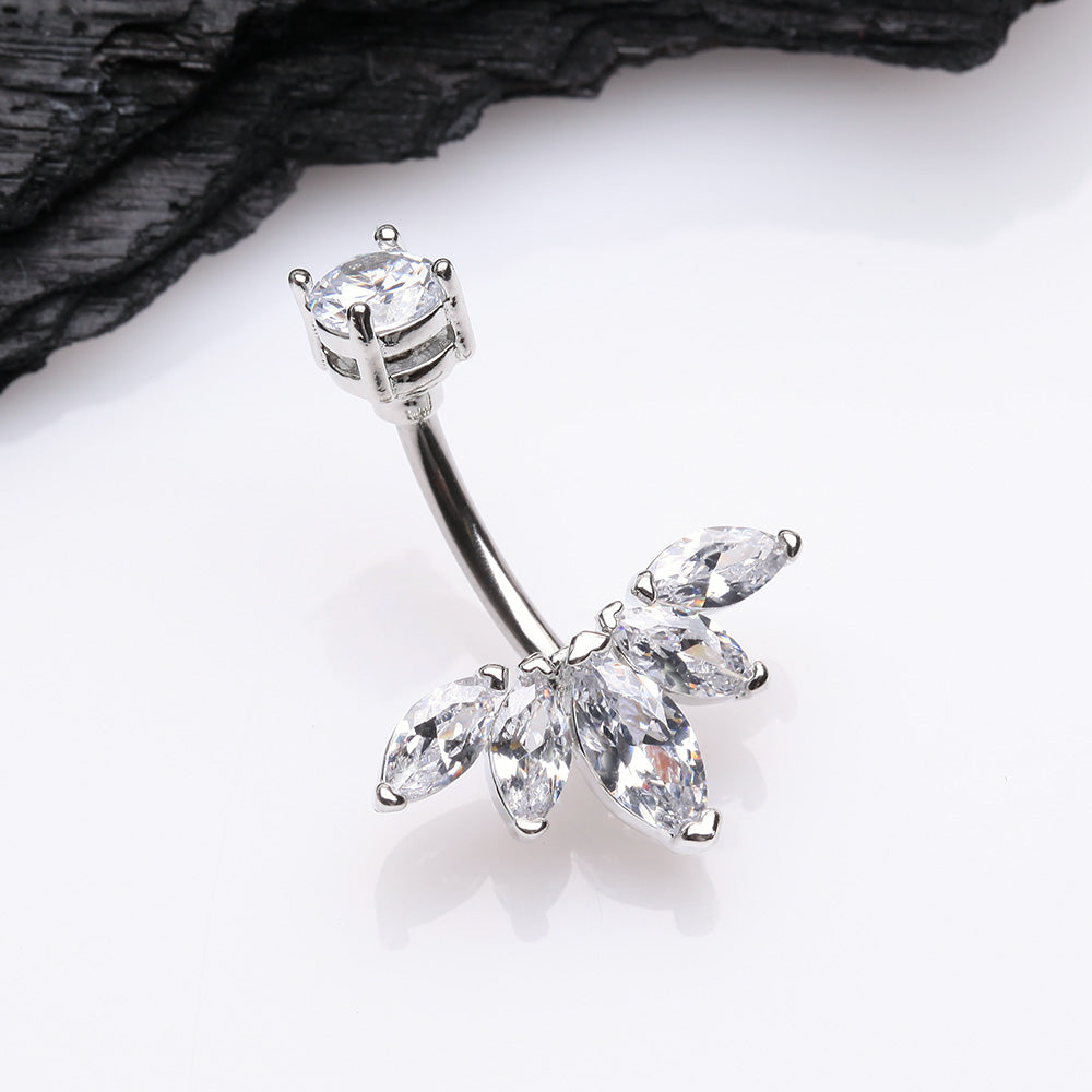 Detail View 2 of Lotus Marquise Floral Sparkle Belly Button Ring-Clear Gem