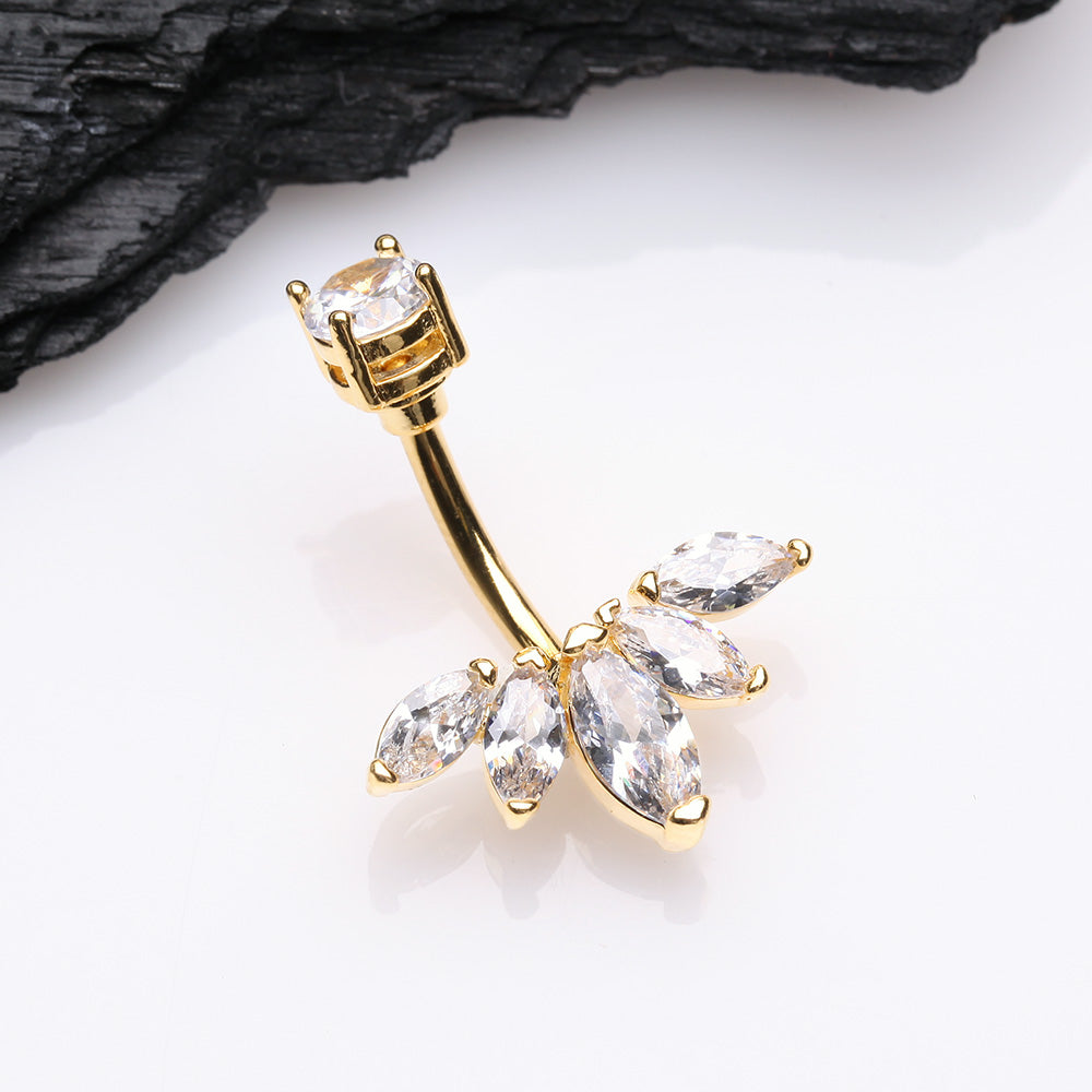 Detail View 2 of Golden Lotus Marquise Floral Sparkle Belly Button Ring-Clear Gem