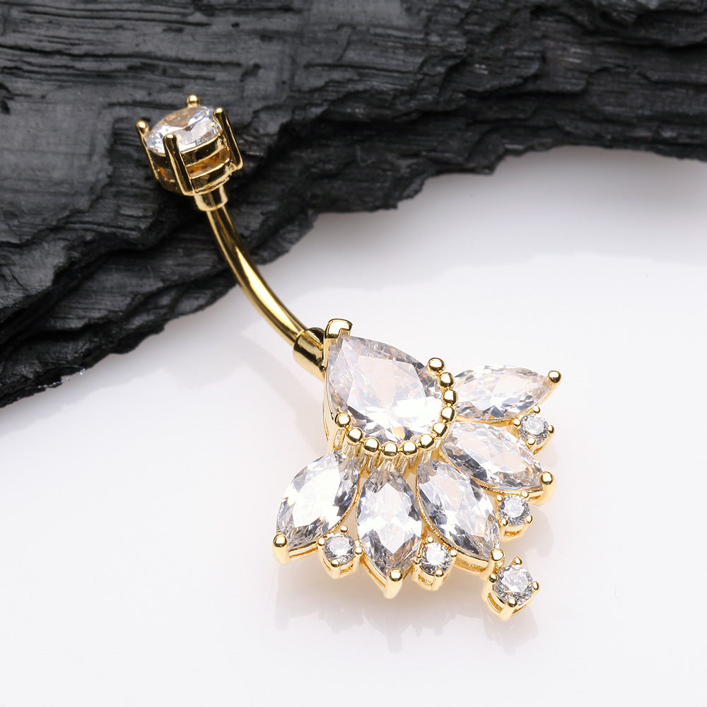 Detail View 2 of Golden Floral Elegant Art Deco Sparkle Belly Button Ring -Clear Gem