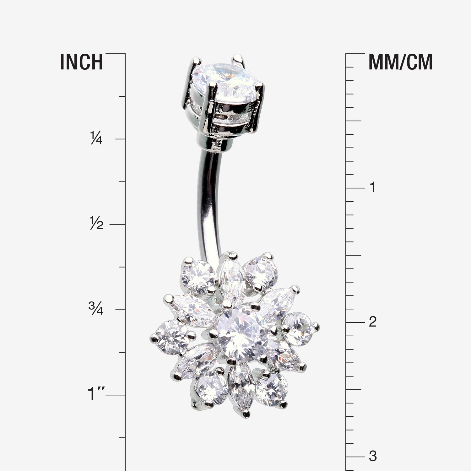 Detail View 1 of Brilliant Sunburst Floral Sparkle Belly Button Ring-Clear Gem