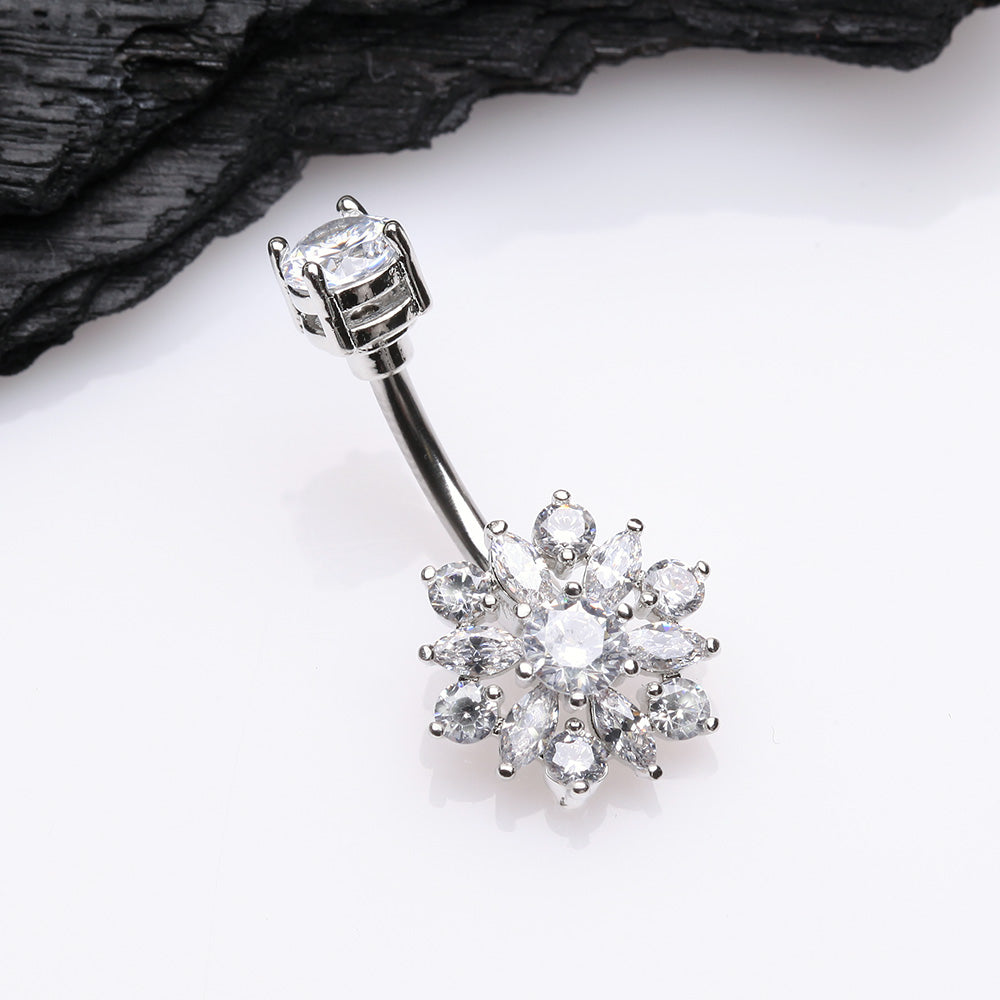 Detail View 2 of Brilliant Sunburst Floral Sparkle Belly Button Ring-Clear Gem