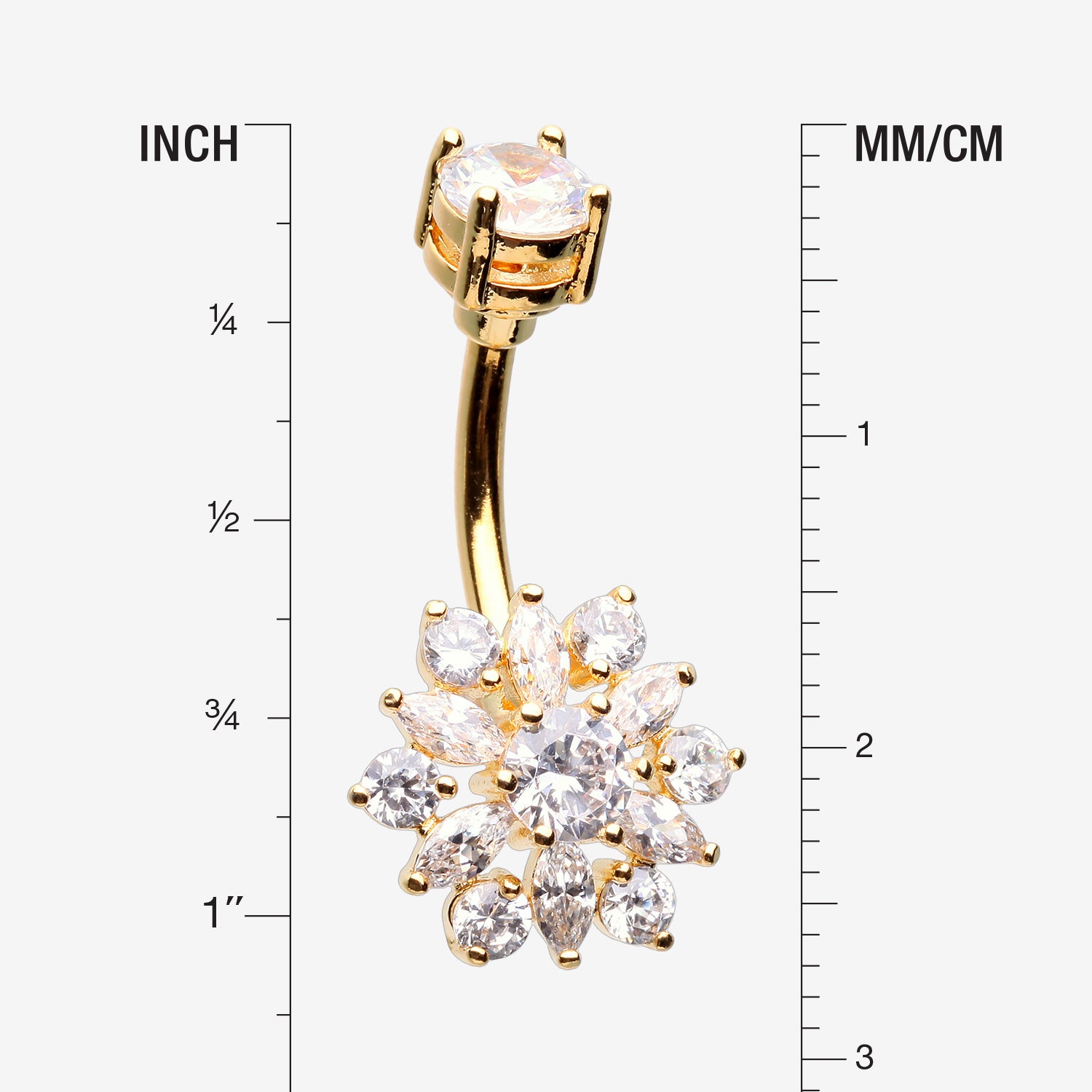 Detail View 1 of Golden Brilliant Sunburst Floral Sparkle Belly Button Ring-Clear Gem