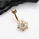 Detail View 2 of Golden Brilliant Sunburst Floral Sparkle Belly Button Ring-Clear Gem