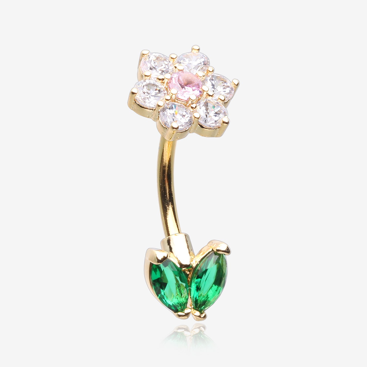 Golden Blooming Sparkle Spring Flower Belly Button Ring-Clear Gem/Pink/Green