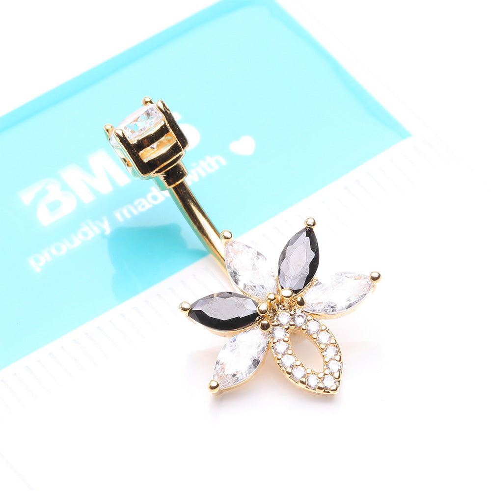 Detail View 4 of Golden Marquise Brilliance Leaflet Flower Sparkle Belly Button Ring-Clear Gem/Black