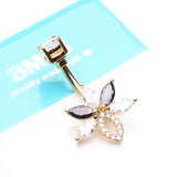 Detail View 4 of Golden Marquise Brilliance Leaflet Flower Sparkle Belly Button Ring-Clear Gem/Black