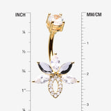 Detail View 1 of Golden Marquise Brilliance Leaflet Flower Sparkle Belly Button Ring-Clear Gem/Black