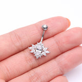 Detail View 3 of Glistening Marquise Flower Sparkle Belly Button Ring-Clear Gem