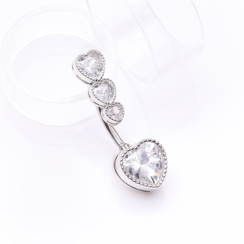 Detail View 2 of Brilliant Sparkle Cascading Heart Drop Top Belly Button Ring-Clear Gem
