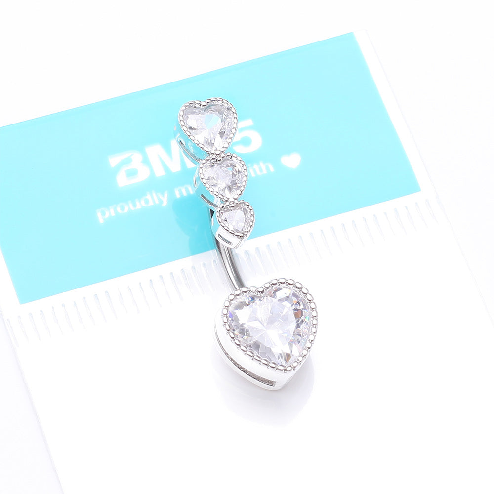 Detail View 4 of Brilliant Sparkle Cascading Heart Drop Top Belly Button Ring-Clear Gem