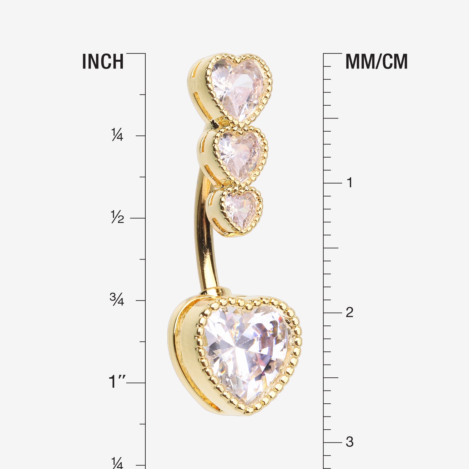Detail View 1 of Golden Brilliant Sparkle Cascading Heart Drop Top Belly Button Ring-Clear Gem