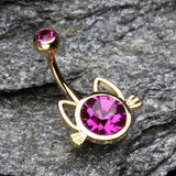 Detail View 2 of Golden Adorable Cat Face Sparkle Belly Button Ring-Fuchsia