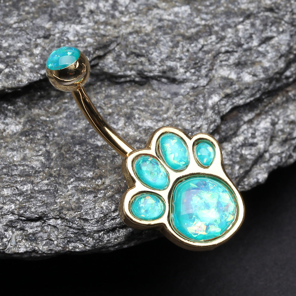 Detail View 2 of Golden Adorable Paw Print Opalescent Sparkle Belly Button Ring-Teal